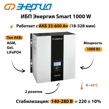 ИБП Энергия Smart 1000W - ИБП и АКБ - Энергия ИБП Smart - . Магазин оборудования для автономного и резервного электропитания Ekosolar.ru в Сургуте